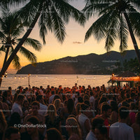 Tropical Beach Party at Sunset with Vibrant Crowd