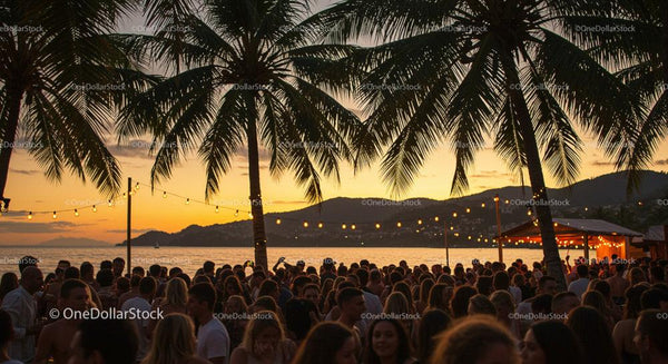 Tropical Beach Party at Sunset with Palm Trees and Festive Lights