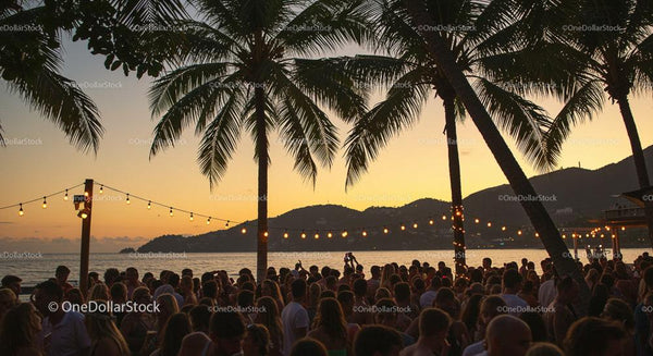 Tropical Beach Party at Sunset with Palm Trees