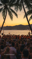 Tropical Beach Party at Sunset with Palm Trees and Crowd