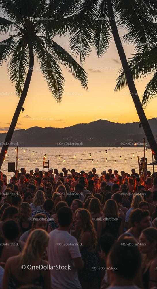Tropical Beach Party at Sunset with Palm Trees and Crowd