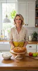 Woman Presenting Freshly Baked Apple Pie in Sunny Kitchen
