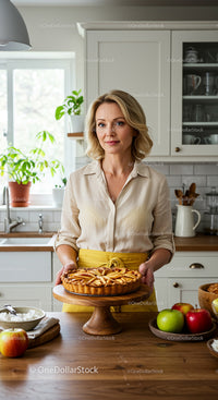 Woman Presenting Homemade Apple Pie in Cozy Kitchen