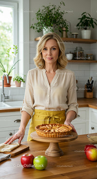 Smiling Woman with Homemade Apple Tart in Modern Kitchen