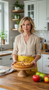 Smiling Woman with Homemade Apple Pie in Cozy Kitchen
