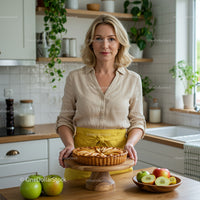 Smiling Woman Holding Homemade Apple Pie in Bright Kitchen