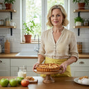 Woman Presenting Freshly Baked Apple Pie in Cozy Kitchen