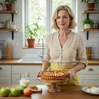 Woman Presenting Freshly Baked Apple Pie in Cozy Kitchen