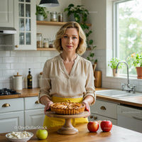 Blonde Woman Holding Homemade Apple Pie in Cozy Kitchen