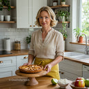 Woman Presenting Homemade Apple Pie in Modern Kitchen