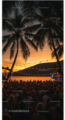 Beach Party at Sunset with Palm Trees and String Lights