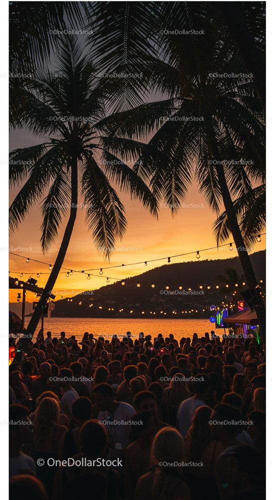 Beach Party at Sunset with Palm Trees and String Lights