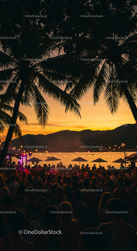 Tropical Beach Party at Sunset with Palm Trees