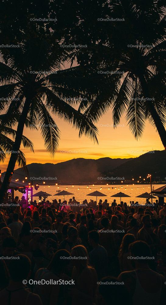 Tropical Beach Party at Sunset with Palm Trees