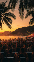 Tropical Beach Party at Sunset with Crowds and Palm Trees