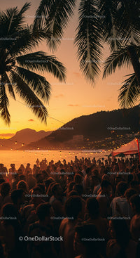 Tropical Beach Party at Sunset with Crowds and Palm Trees