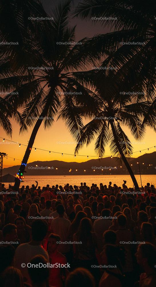 Lively Beach Party at Tropical Sunset