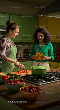 Two Women Preparing a Meal in a Colorful Kitchen