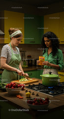 Two Women Cooking Together in a Colorful Kitchen