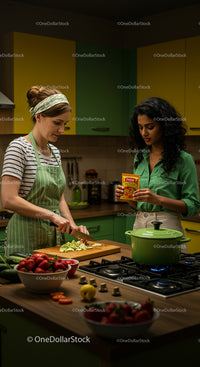Two Women Cooking Together in a Colorful Kitchen