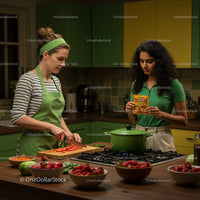 Two Women Cooking Together in a Colorful Modern Kitchen