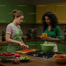 Women Preparing Meal in Vibrant Green Kitchen