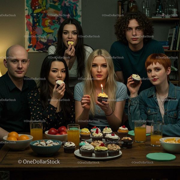 Young Adults Celebrating with Cupcakes and Candles