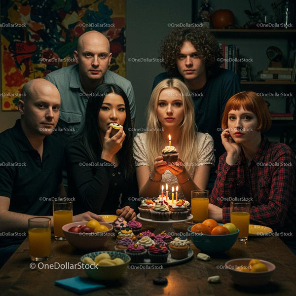 Group of Friends Celebrating a Birthday with Cupcakes