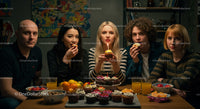 Group of Friends Celebrating with Cupcakes and Candlelight