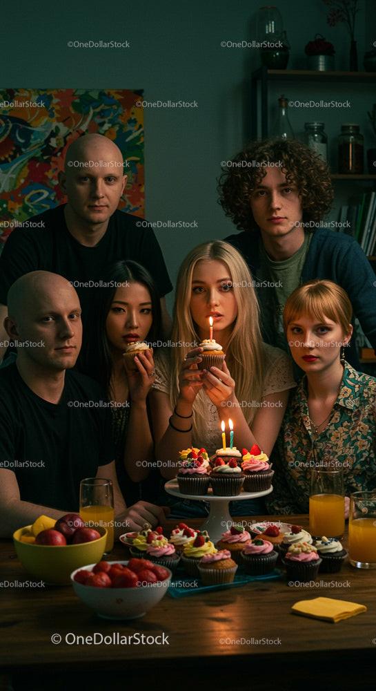 Friends Celebrating Birthday with Colorful Cupcakes