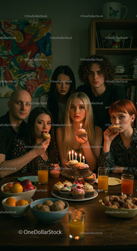Young Adults Celebrating with Cupcakes and Candles