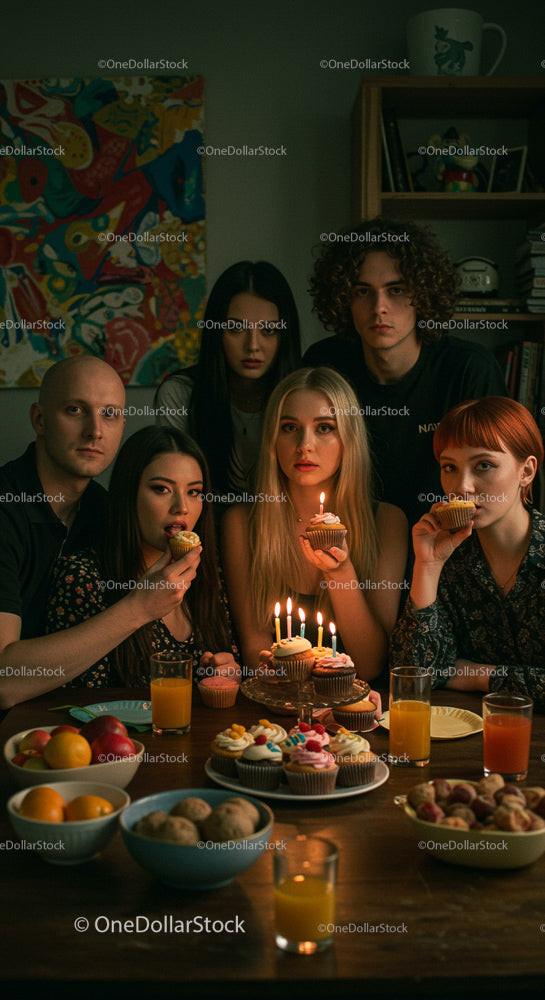 Young Adults Celebrating with Cupcakes and Candles