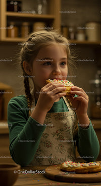 Young Girl Enjoying a Sprinkle-Topped Pastry in Cozy Kitchen