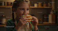 Young Girl Enjoys Delicious Sprinkle Donut in Cozy Kitchen