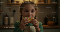 Cute Little Girl Enjoying a Sprinkle-Decorated Dessert