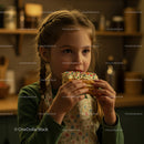 Young Girl Enjoying a Sprinkled Pastry in a Cozy Kitchen