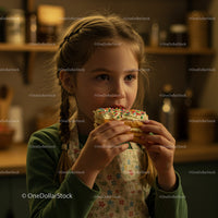 Young Girl Enjoying a Sprinkled Pastry in a Cozy Kitchen