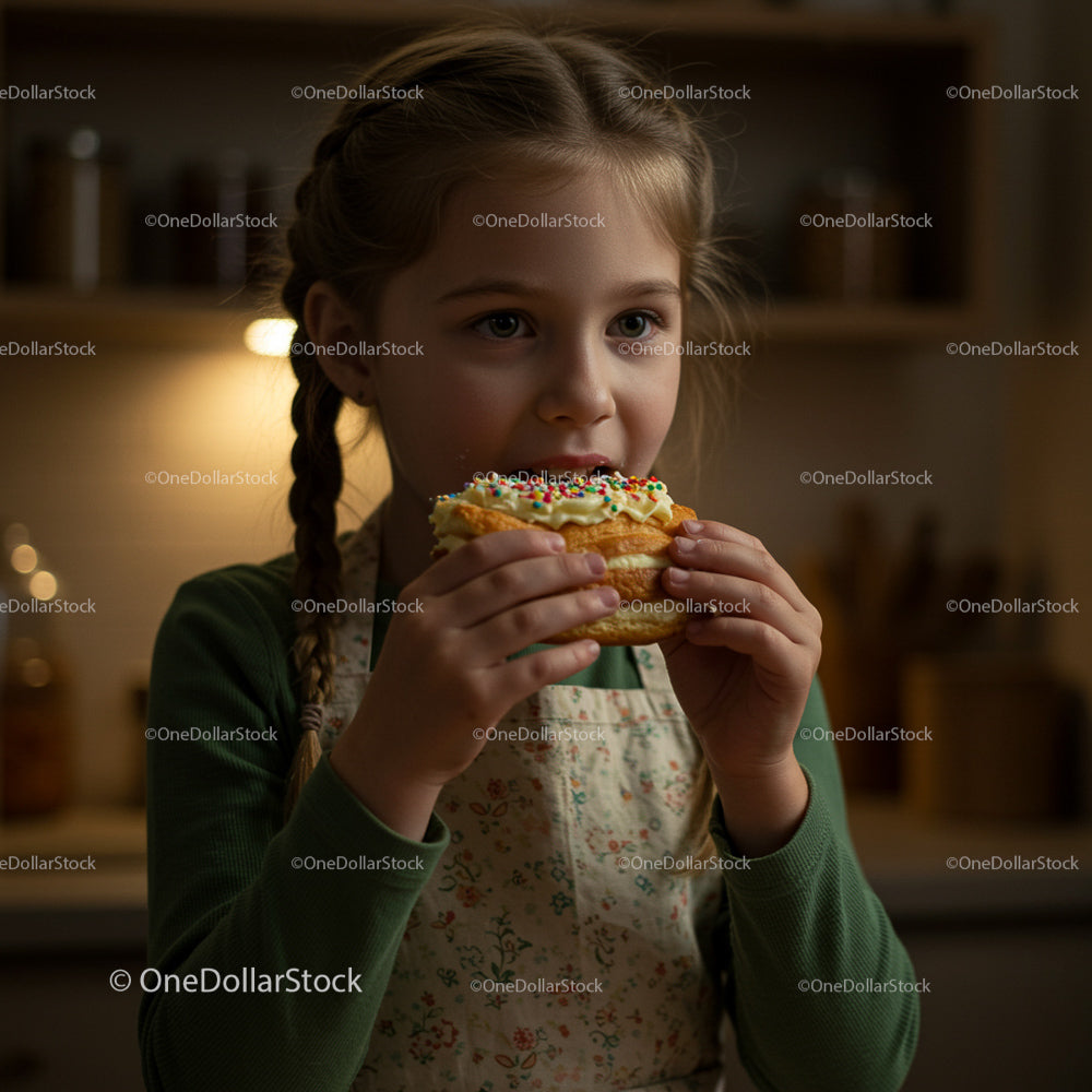 Little Girl Enjoying a Sprinkled Pastry in a Cozy Kitchen
