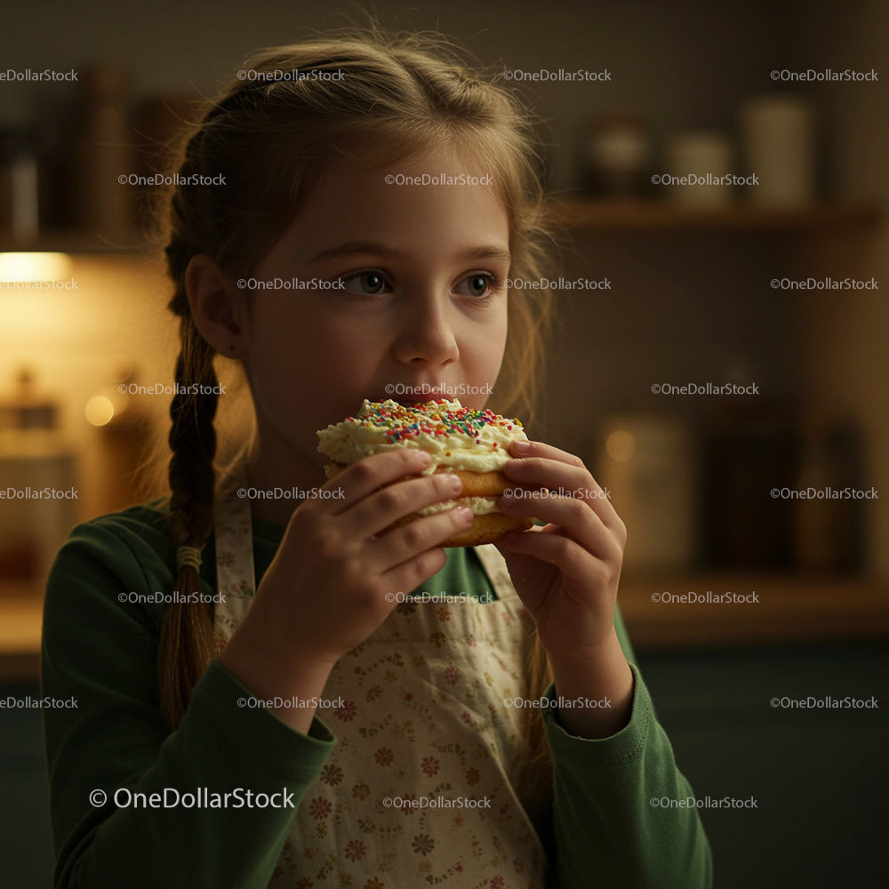 Young Girl Enjoying a Sprinkle-Topped Cupcake in Kitchen