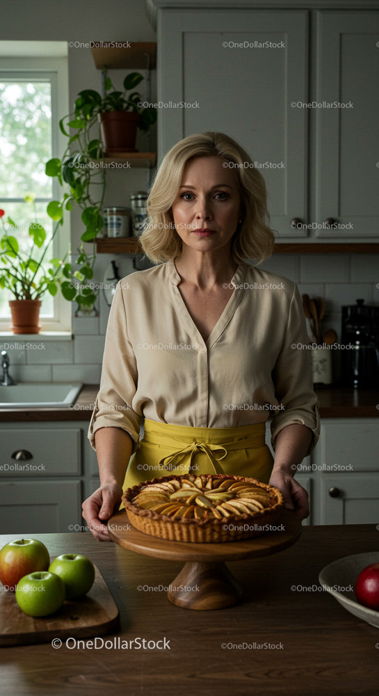 Woman with Homemade Apple Tart in Rustic Kitchen