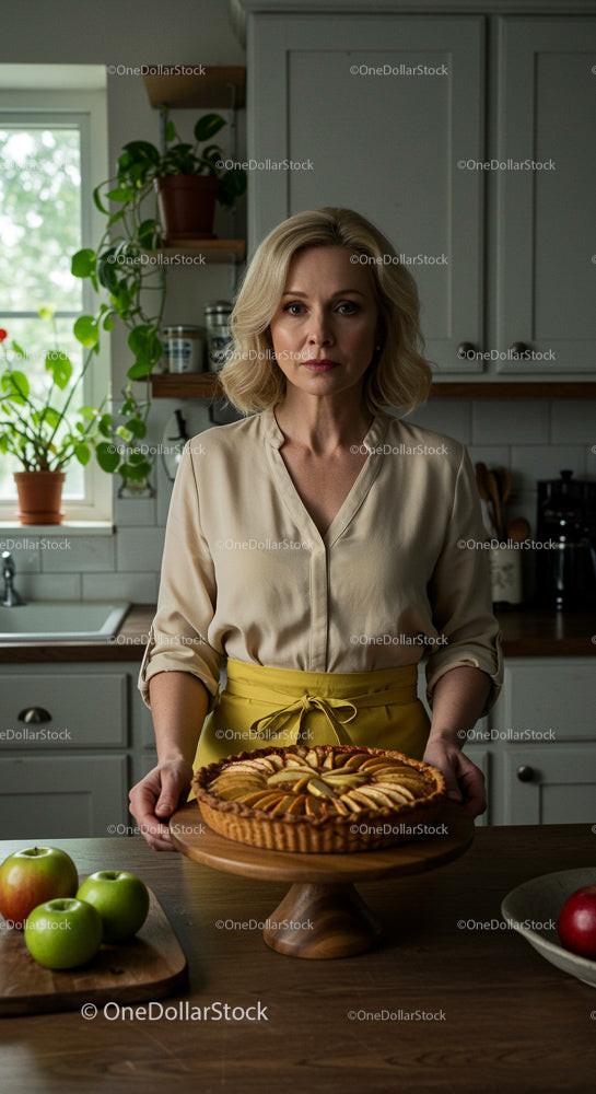 Woman with Homemade Apple Tart in Rustic Kitchen