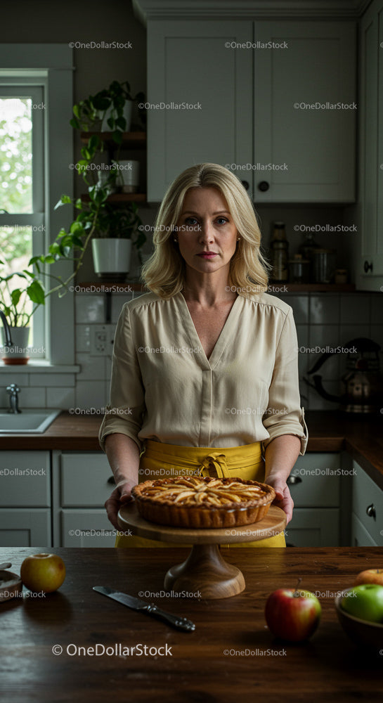 Woman Presenting Freshly Baked Apple Pie in Cozy Kitchen