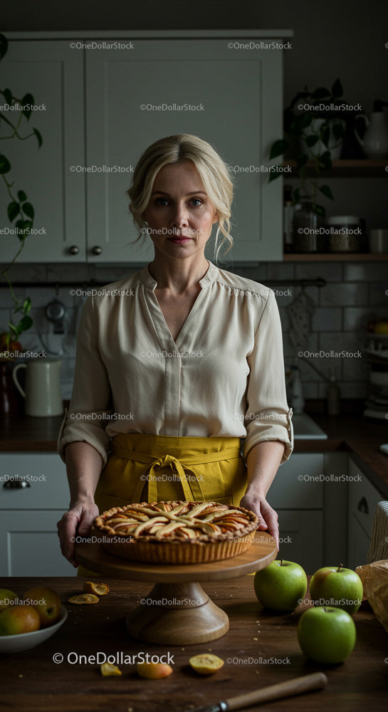 Woman in Rustic Kitchen Holding Homemade Apple Pie