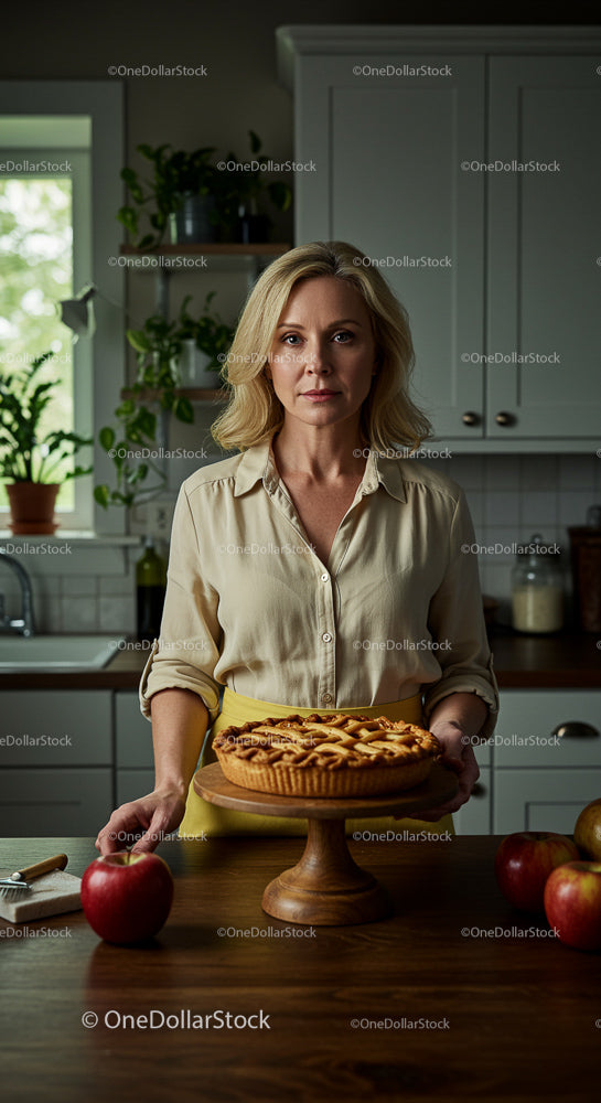 Woman Presenting Homemade Apple Pie in Cozy Kitchen