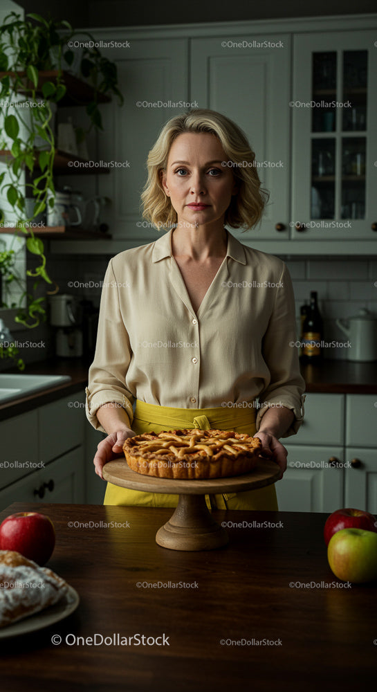 Woman with Homemade Apple Pie in Cozy Kitchen