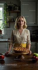 Blonde Woman with Apple Pie in Cozy Rustic Kitchen