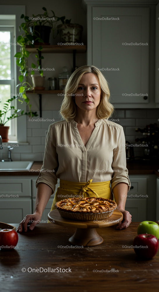Blonde Woman with Apple Pie in Cozy Rustic Kitchen