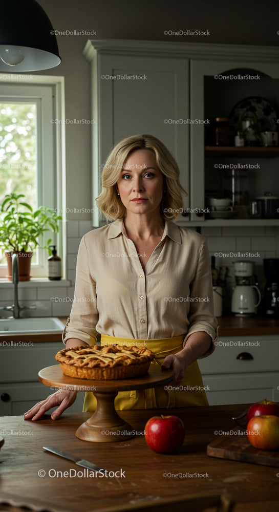 Woman in Cozy Kitchen Holding Freshly Baked Apple Pie