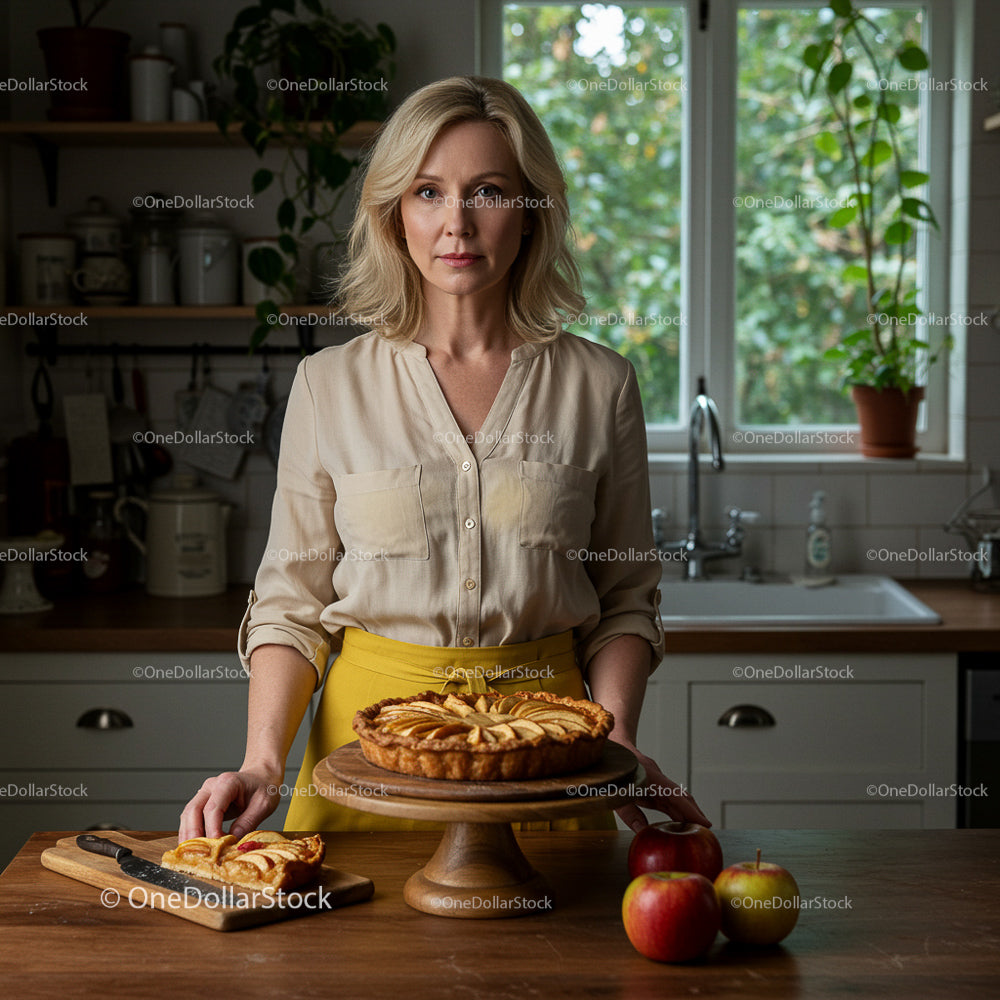 Woman in Cozy Kitchen with Homemade Apple Pie