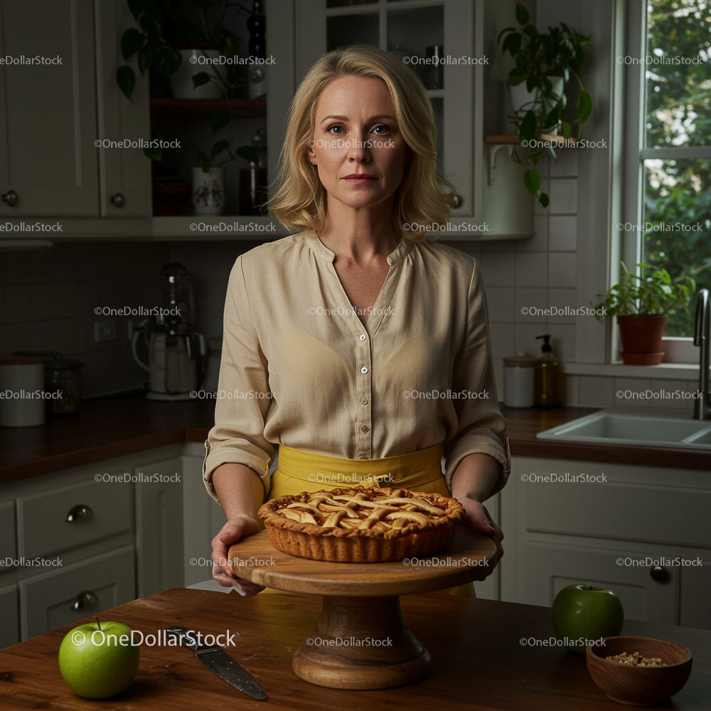 Woman Holding Freshly Baked Apple Pie in Cozy Kitchen